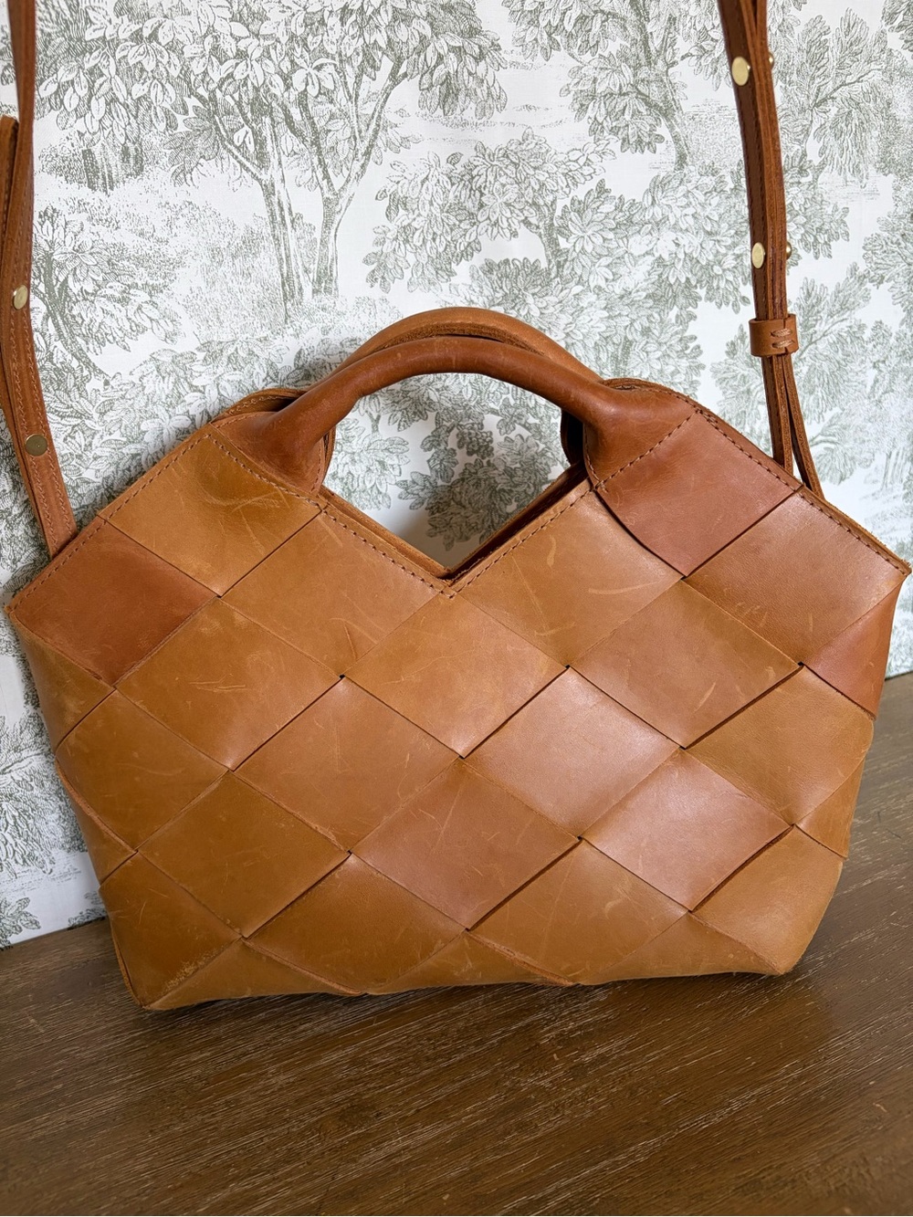 Woven Tan Leather Shoulder Bag with Top Handle
